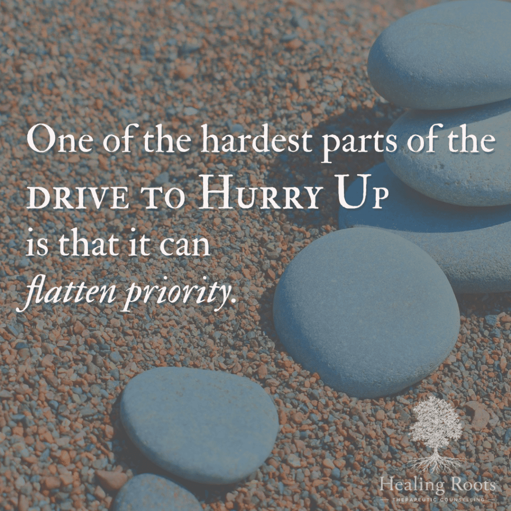 Image shows pebbles no longer stacked, all over the beach, overlaid with the words, "Hurry Up flattens priority"